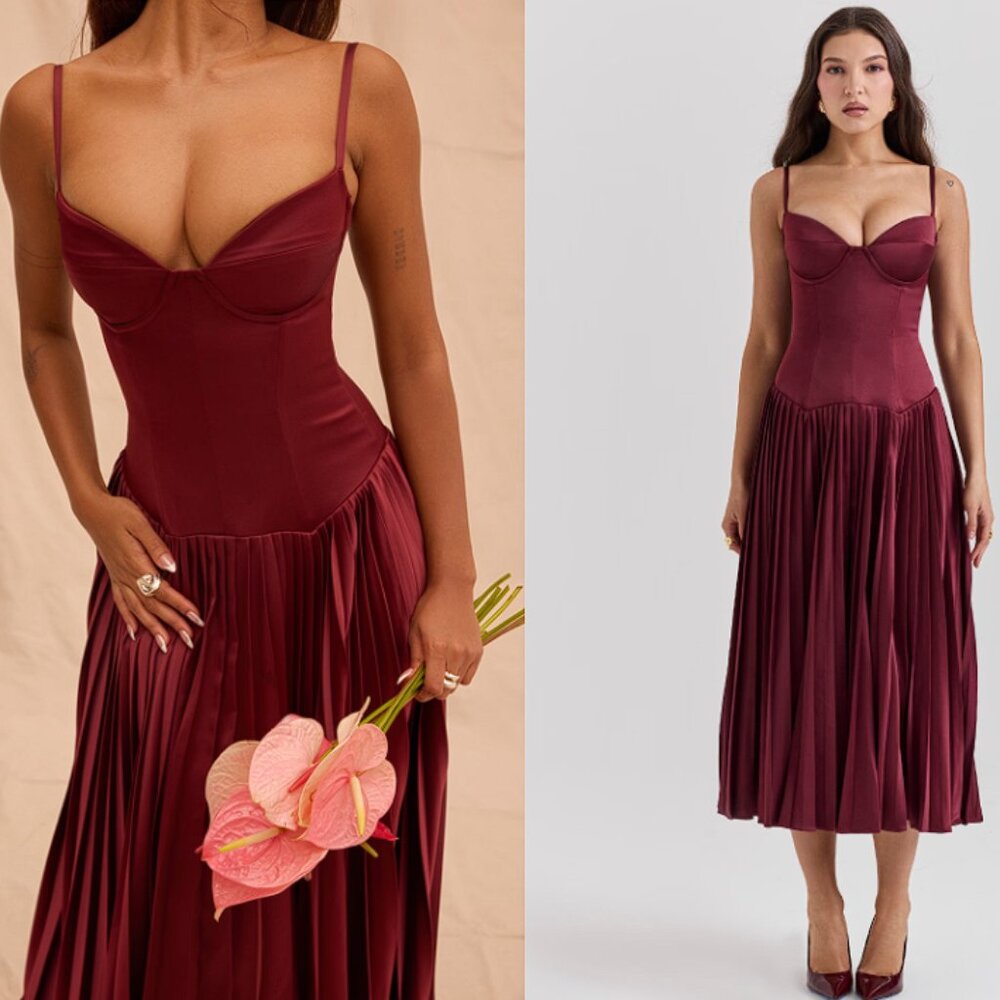 HOUSE OF CB 'Beau' Wine Pleated Midi Dress NWOT - Picture 2 of 10